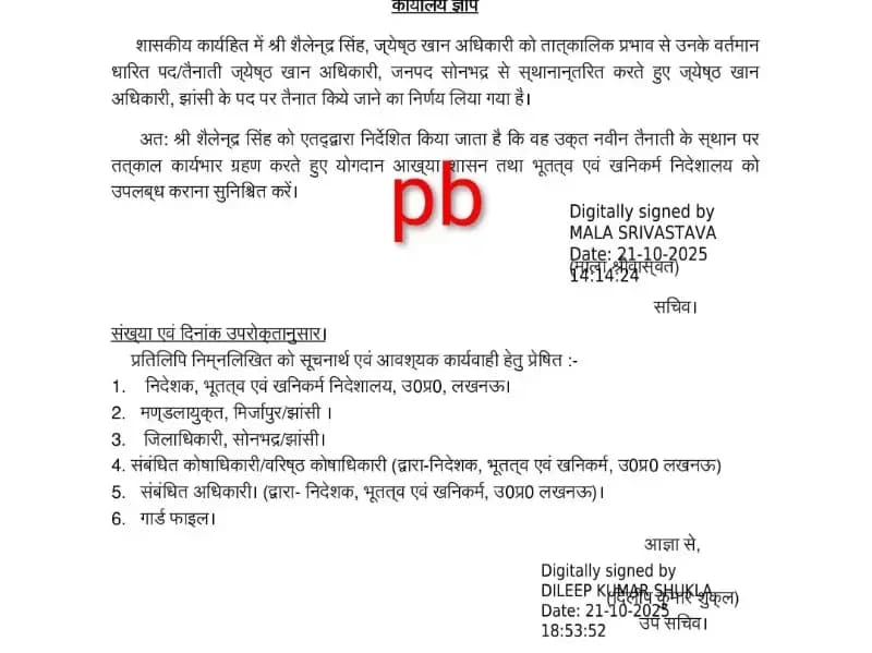 Sonbhadra News: सोनभद्र खनन अधिकारी शैलेंद्र सिंह का तबादला.