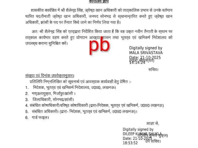 Sonbhadra News: सोनभद्र खनन अधिकारी शैलेंद्र सिंह का तबादला.
