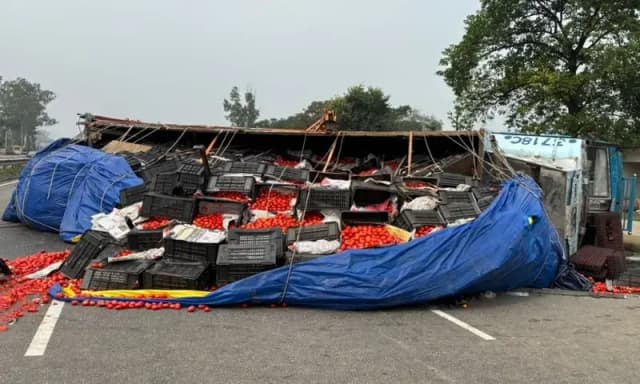 Chandauli News: नेशनल हाइवे पर टमाटर लदी ट्रक पलटने से अफरा-तफरी, चालक घायल.