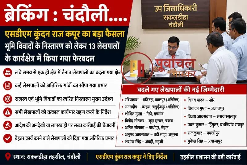 Chandauli News: जमीन विवादों पर सख्त हुए SDM, लंबे समय से जमे 13 लेखपालों का बदला कार्यक्षेत्र.
