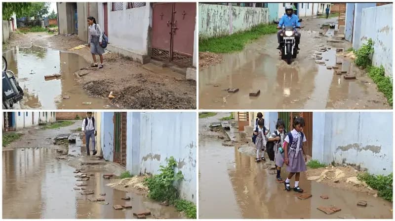 Sonbhadra News: आरएसएस पब्लिक स्कूल के सामने जलभराव से बढ़ी परेशानी, बारिश में छात्रों का आवागमन बाधित.