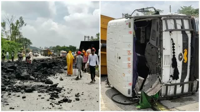 Sonbhadra News: कोयला लदा ट्रेलर पलटा, दो गंभीर जिला अस्पताल रेफर.
