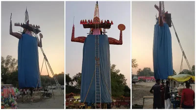 Sonbhadra News: चोपन में 85 फीट ऊंचे हाईटेक रावण का आकर्षण, नाभि पर रॉकेट लगते ही होगा दहन.