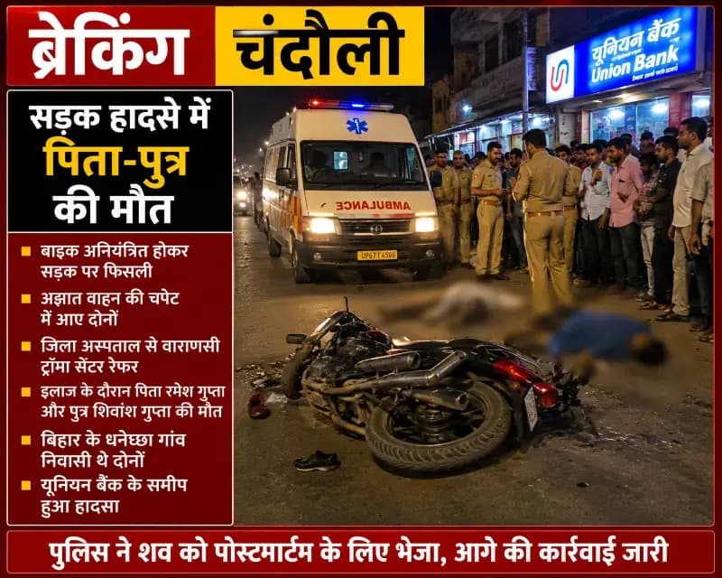 Chandauli News:हाइवे iबाइक फिसलने के बाद अज्ञात वाहन की चपेट में आए पिता-पुत्र, दोनों की मौत.