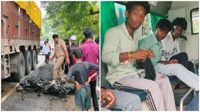 Sonbhadra News: ट्रक की चपेट में आई बाइक, तीन युवक घायल, हादसे के बाद बाइक में लगी आग.