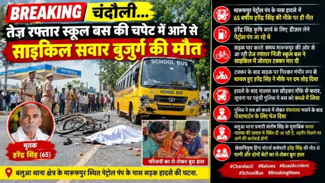 Chandauli News: तेज रफ्तार स्कूल बस ने साइकिल सवार को रौंदा, 65 वर्षीय सेवानिवृत्त कर्मी की मौत.