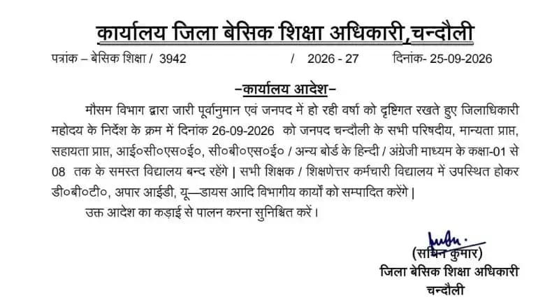 Chandauli News: बारिश और तेज हवाओं के चलते कक्षा 1 से 8 तक के स्कूल 26 सितंबर को बंद.